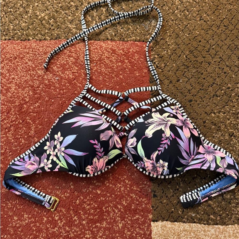 Time and Tru Black Floral Lace-Up Halter Bikini Top with Pink & Lavender Accents